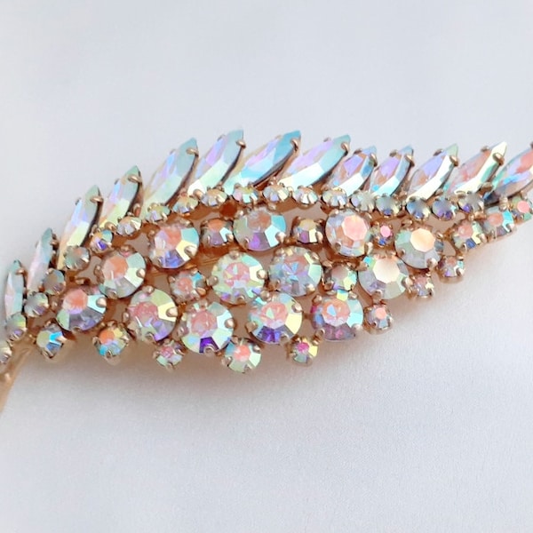 Sherman Brooch Signed Aurora Borealis Swarovski Chatons & Navettes Leaf Brooch Midcentury Vintage COLLECTIBLE JEWELRY