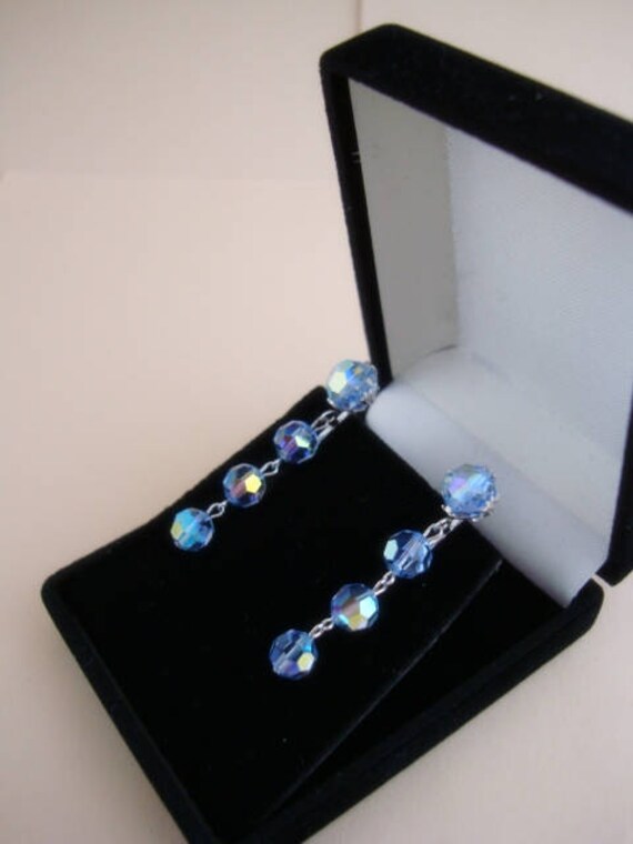 SHERMAN Earrings Beads Signed Swarovski Blue Crys… - image 2