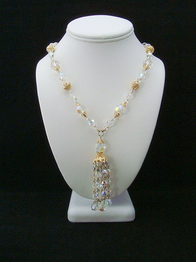 SHERMAN Necklace Set Signed Crystal and Filigree Beads and Tassel Mid-Century Vintage COLLECTIBLE JEWELRY