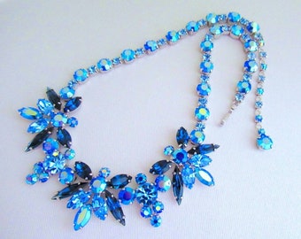 SHERMAN Necklace Signed Blue, Dark Blue & Aurora Borealis Blue Swarovski Rhinestones Midcentury Vintage COLLECTIBLE JEWELRY