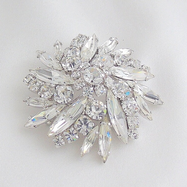 Sherman Brooch Signed Clear Swarovski Navette & Multifaceted Chaton Rhinestones Floral Styling Midcentury Vintage COLLECTIBLE JEWELLERY