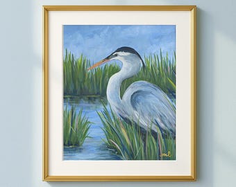 Blue Heron Marsh Landscape Art Print: Southern Grandmillennial Style (Digital Download)