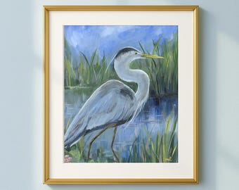 Blue Heron Marsh Landscape Art Print: Southern Grandmillennial Style (Digital Download