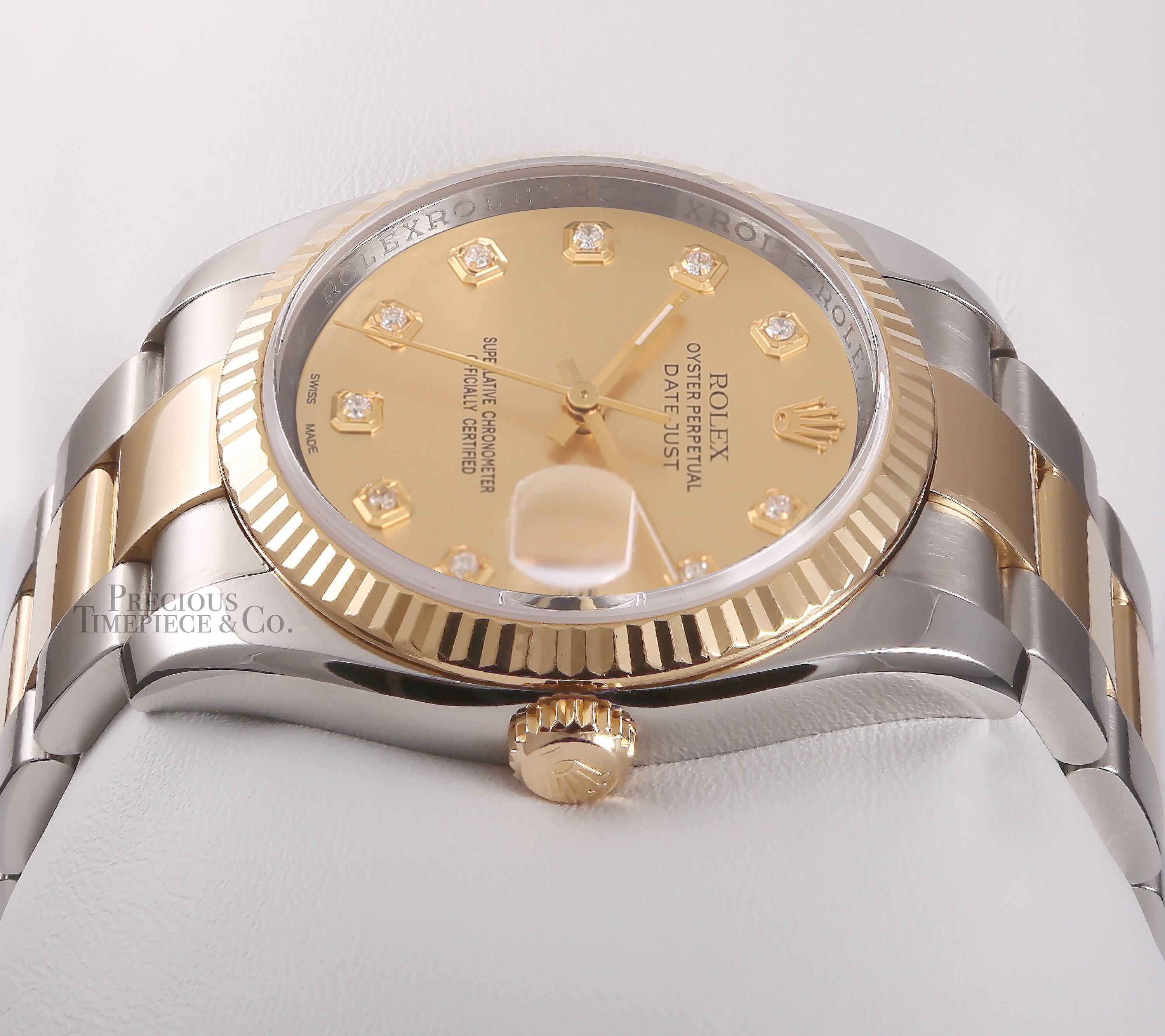 rolex women's datejust two tone fluted custom silver diamond dial