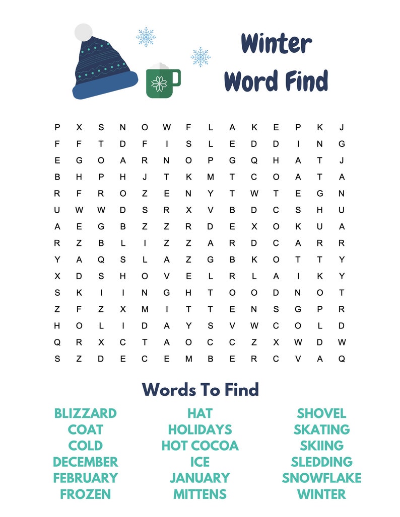 Printable winter kid activity sheets ispy word search etsy
