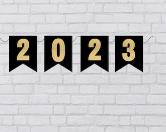Printable 2023 New Years Banner | Black & Gold Glitter | Instant Download