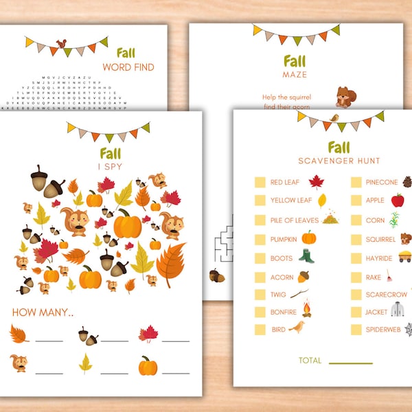 Printable Fall Themed Activity Sheets Bundle | Fall | ISpy | Word Find | Maze | Scavenger Hunt | Instant Download