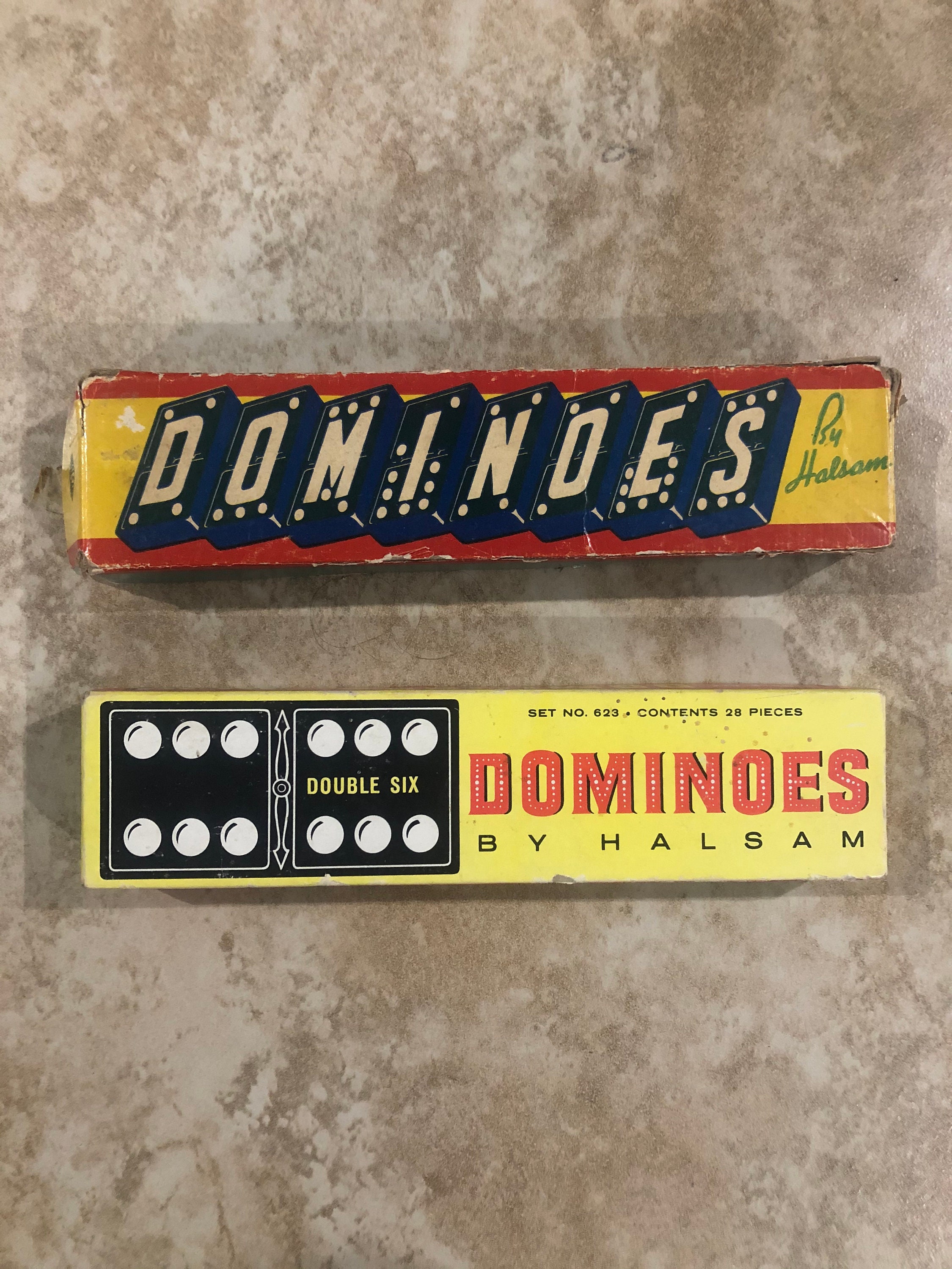 VINTAGE HALSAM DOUBLE SIX COLORED DOT DRAGON DOMINOES 
