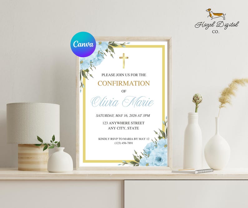 Elegant Blue Gold Confirmation Invitation Template | Religious Floral ...