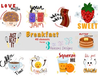 Petit déjeuner Clipart - petit déjeuner png - nourriture mignonne - oeufs - fraises - crêpes - usage personnel - petit usage Commercial - téléchargement immédiat