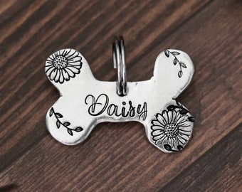 Customer Personalized Daisy Floral Pewter Pet ID Tag - Floral Dog Bone ID Collar Name Tag