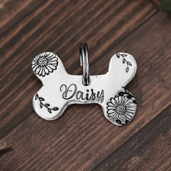 Customer Personalized Daisy Floral Pewter Pet ID Tag - Floral Dog Bone ID Collar Name Tag