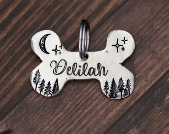 Customer Personalized Outdoors Pewter Pet ID Tag - Outdoor Moon Star Dog Bone ID Collar Tag