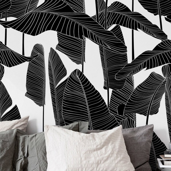 Wallpaper Peel and Stick Wallpaper Removable Wallpaper Home Decor  / Black and White Banana Leaf Wallpaper Tropical boho Wallpaper - B097