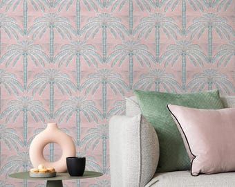 Tropical Wallpaper with a Stylized Palm Tree Motif in Pink, Teal, and White - E444