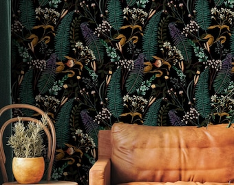 Botanical Wallpaper with Moody Ferns and Wildflowers in Green, Gold, and Purple - E421