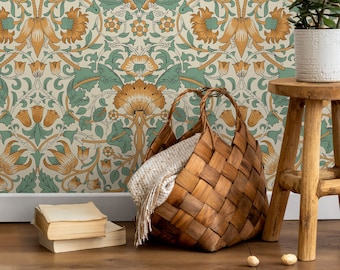 Orange and Green Vintage Wallpaper / Peel and Stick Wallpaper Removable Wallpaper Home Decor Wall Art Wall Decor Room Decor - D522