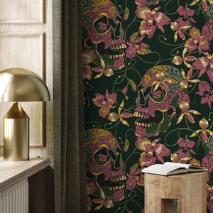 Gothic Wallpaper Dark Green Floral Wallpaper Peel and Stick and Traditional Wallpaper - D894