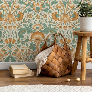 Orange and Green Vintage Wallpaper / Peel and Stick Wallpaper Removable Wallpaper Home Decor Wall Art Wall Decor Room Decor - D522