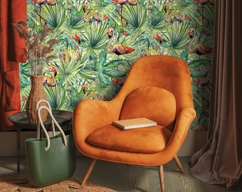 Wallpaper Peel and Stick Wallpaper Removable Wallpaper Home Decor Room Decor / Tropical Jungle Leaf Flamingo Wallpaper - A747