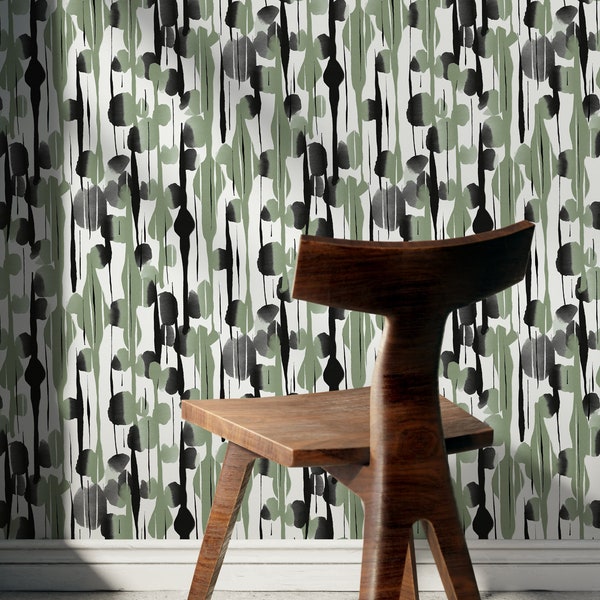Black and Green Abstract Paint Wallpaper / Peel and Stick Wallpaper Removable Wallpaper Home Decor Wall Art Wall Decor Room Decor - D537