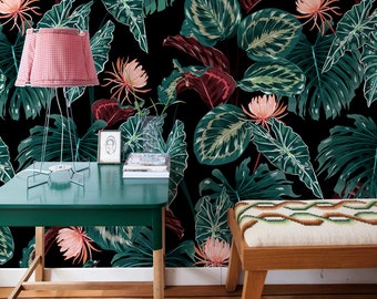 Wallpaper Peel and Stick Wallpaper Removable Wallpaper Home Decor Room Decor / Tropical Leaf Black Wallpaper Dark Floral Wallpaper - B071