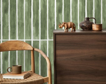 Green Modern Striped Wallpaper / Peel and Stick Wallpaper Removable Wallpaper Home Decor Wall Art Wall Decor Room Decor - D325