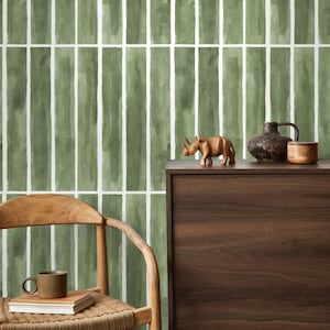 Green Modern Striped Wallpaper / Peel and Stick Wallpaper Removable Wallpaper Home Decor Wall Art Wall Decor Room Decor - D325
