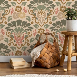 Floral Damask Wallpaper / Peel and Stick Wallpaper Removable Wallpaper Home Decor Wall Art Wall Decor Room Decor - D214