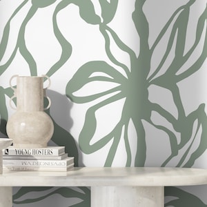 Green Abstract Floral Wallpaper / Peel and Stick Wallpaper Removable Wallpaper Home Decor Wall Art Wall Decor Room Decor - D288
