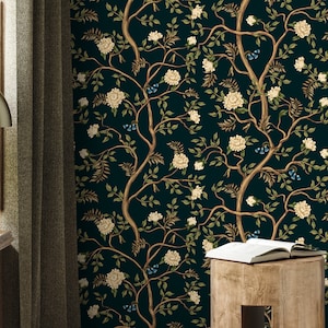 Dark Chinoiserie Garden Wallpaper / Peel and Stick Wallpaper Removable Wallpaper Home Decor Wall Art Wall Decor Room Decor - D501