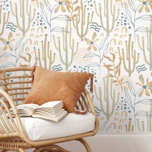Boho Floral and Cactus Wallpaper / Peel and Stick Wallpaper Removable Wallpaper Home Decor Wall Art Wall Decor Room Decor - D314