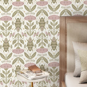 Pink Floral and Beetle Wallpaper / Peel and Stick Wallpaper Removable Wallpaper Home Decor Wall Art Wall Decor Room Decor - D298