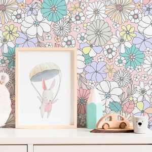 Pastel Retro Floral Wallpaper / Peel and Stick Wallpaper Removable Wallpaper Home Decor Wall Art Wall Decor Room Decor - D376