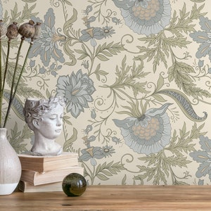 Green Floral Vintage Wallpaper / Peel and Stick Wallpaper Removable Wallpaper Home Decor Wall Art Wall Decor Room Decor - D273