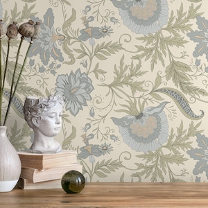 Green Floral Vintage Wallpaper / Peel and Stick Wallpaper Removable Wallpaper Home Decor Wall Art Wall Decor Room Decor - D273