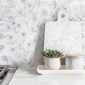 Blue Wildflowers Wallpaper / Peel and Stick Wallpaper Removable Wallpaper Home Decor Wall Art Wall Decor Room Decor - D307