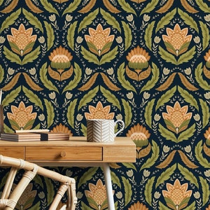 Green Floral Vintage Wallpaper / Peel and Stick Wallpaper Removable Wallpaper Home Decor Wall Art Wall Decor Room Decor - D061