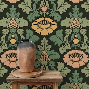 Green Vintage Floral Garden Wallpaper / Peel and Stick Wallpaper Removable Wallpaper Home Decor Wall Art Wall Decor Room Decor - D255