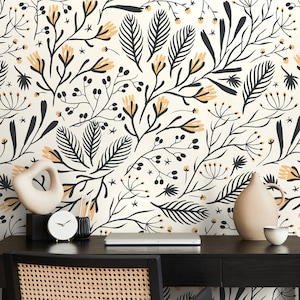 Black and Yellow Floral Wallpaper / Peel and Stick Wallpaper Removable Wallpaper Home Decor Wall Art Wall Decor Room Decor - D280