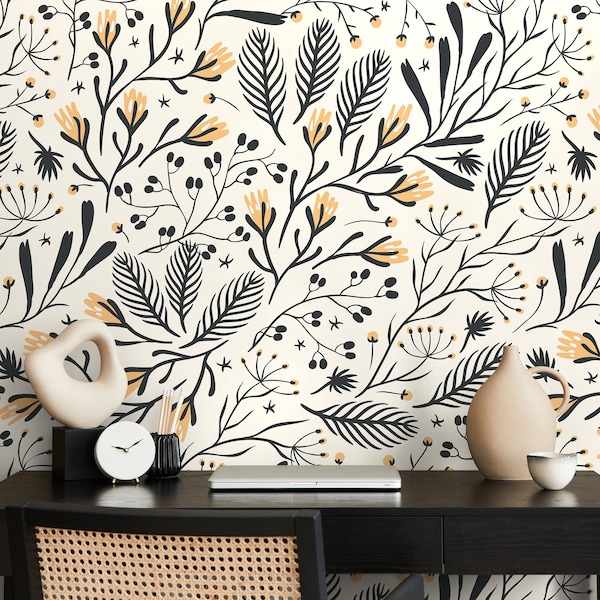 Black Floral Wallpaper Etsy