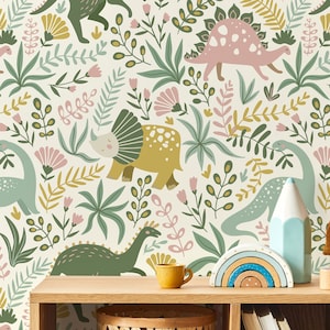 Pastel Dinosaurs Wallpaper / Peel and Stick Wallpaper Removable Wallpaper Home Decor Wall Art Wall Decor Room Decor - D482