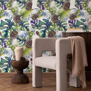 Wallpaper Peel and Stick Wallpaper Removable Wallpaper Home Decor Wall Decor Room Decor / Tropical Monstera and Pineapple Wallpaper - A232