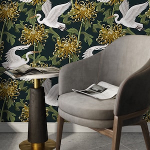 Dark Chinoiserie Floral and Crane Birds / Peel and Stick Wallpaper Removable Wallpaper Home Decor Wall Art Wall Decor Room Decor - D262