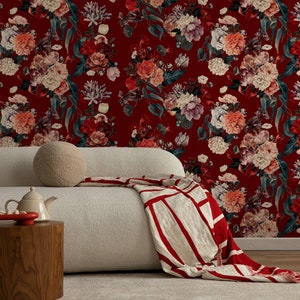 Tapete zum Abziehen und Aufkleben Abnehmbare Tapete Wohnkultur Wandkunst Wanddekor Raumdekor / Vintage Dark Floral Roses Wallpaper - A848