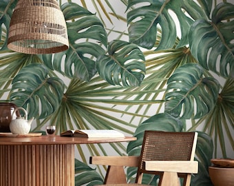 Botanical Wallpaper in Green on White - Peel and Stick - A259