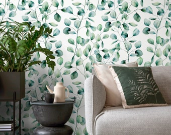 Wallpaper Peel and Stick Wallpaper Removable Wallpaper Home Decor Wall Art Wall Decor Room Decor / Green Leaves Watercolor Wallpaper - A655