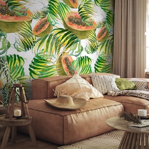 Wallpaper Peel and Stick Wallpaper Removable Wallpaper Home Decor Wall Art Wall Decor Room Decor / Tropical Papaya Wallpaper - A274