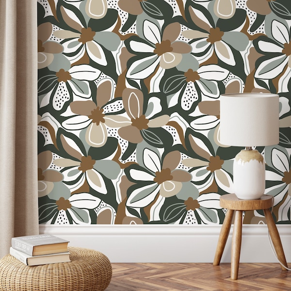 Taupe Floral Wallpaper Fun Wallpaper Peel and Stick and Traditional Wallpaper - D658