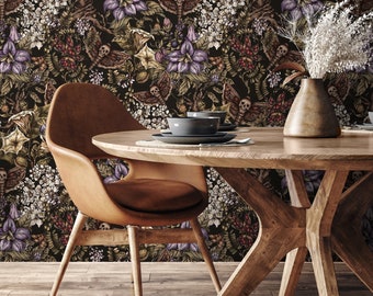 Dark Botanical Wallpaper Gothic Floral Wallpaper Peel and Stick and Traditional Wallpaper - D932